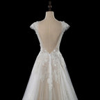 Elegant Ivory V-Neck Cap Sleeve A-Line Lace Tulle Wedding Dress SW711
