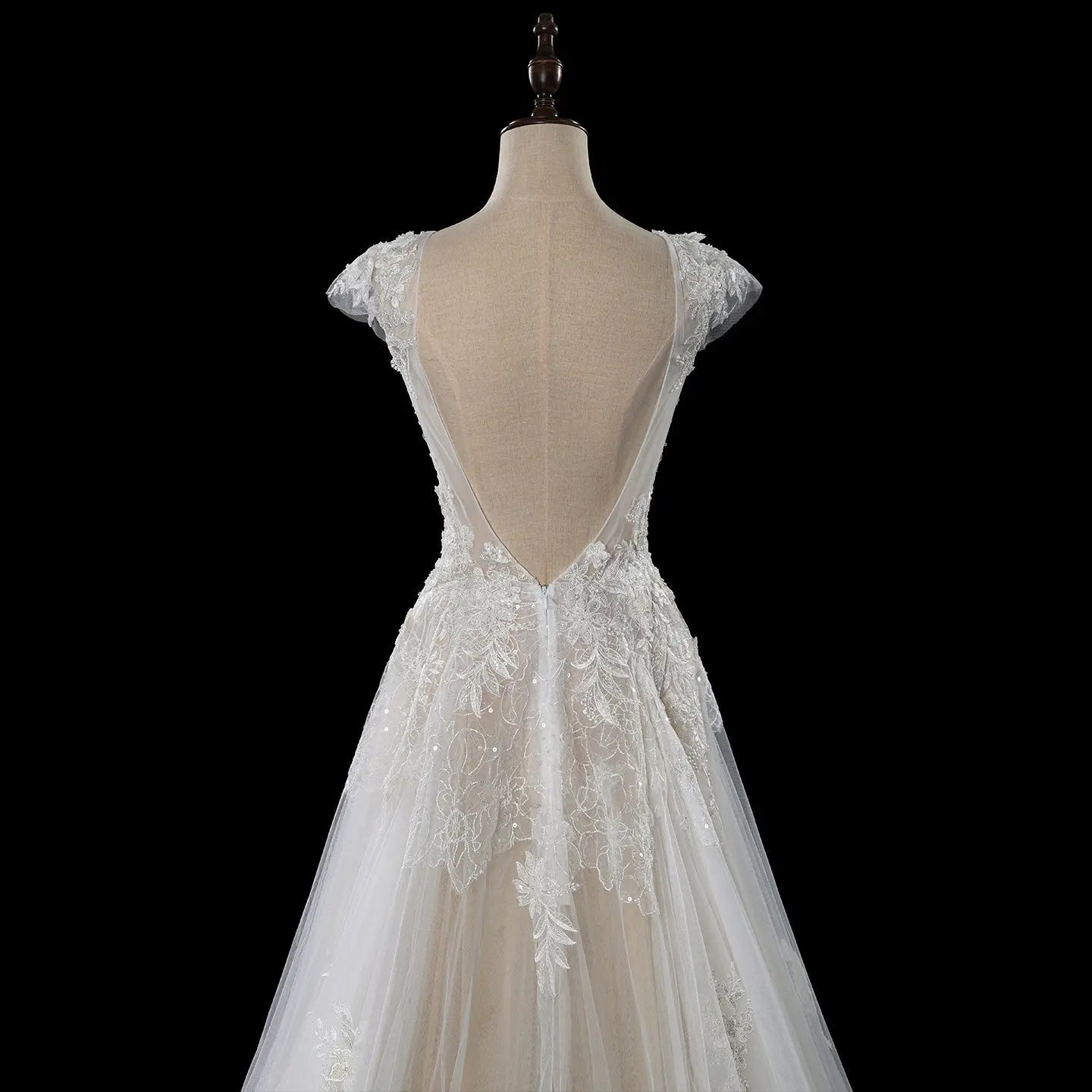 Elegant Ivory V-Neck Cap Sleeve A-Line Lace Tulle Wedding Dress SW711