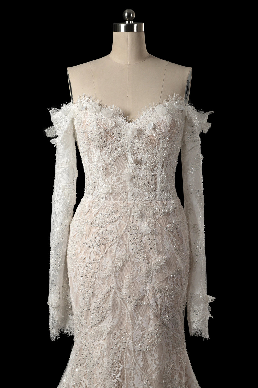 Bohemian Ivory Off-the-Shoulder Sheer Lace Mermaid Wedding Dress with Veil SW176