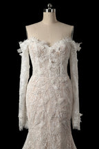 Bohemian Ivory Off-the-Shoulder Sheer Lace Mermaid Wedding Dress with Veil SW176