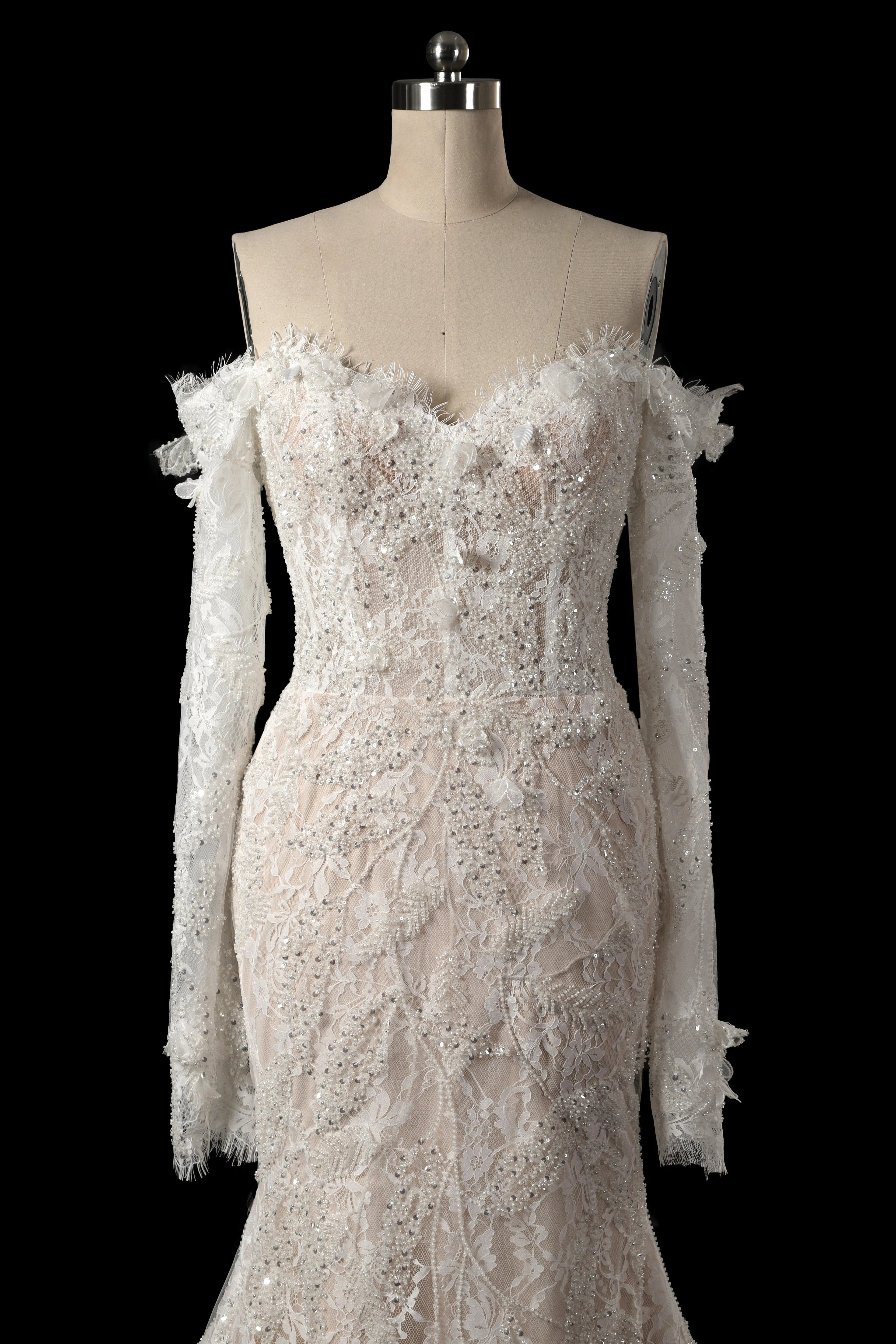 Bohemian Ivory Off-the-Shoulder Sheer Lace Mermaid Wedding Dress with Veil SW176