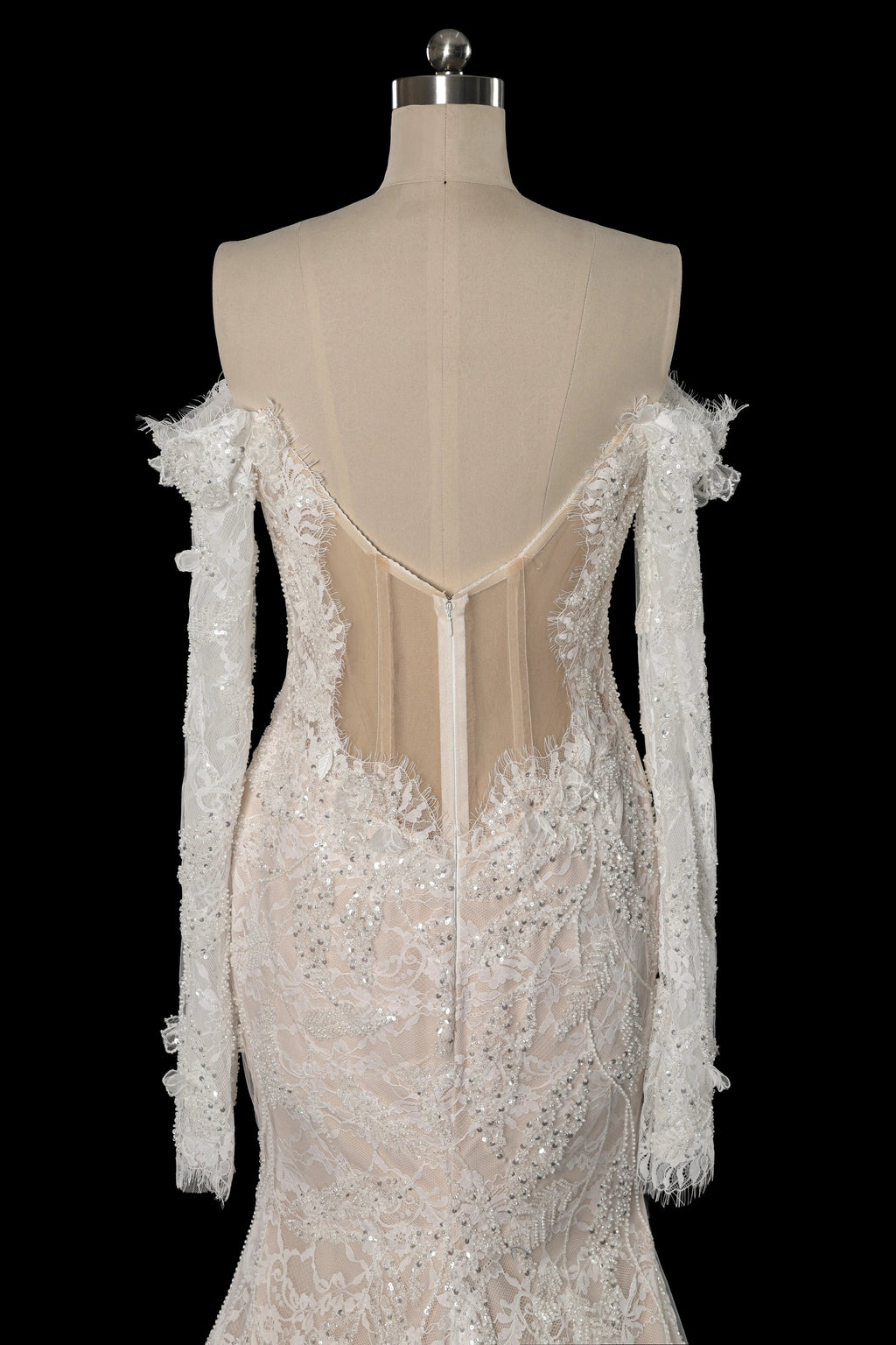 Bohemian Ivory Off-the-Shoulder Sheer Lace Mermaid Wedding Dress with Veil SW176