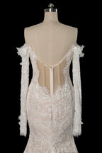 Bohemian Ivory Off-the-Shoulder Sheer Lace Mermaid Wedding Dress with Veil SW176