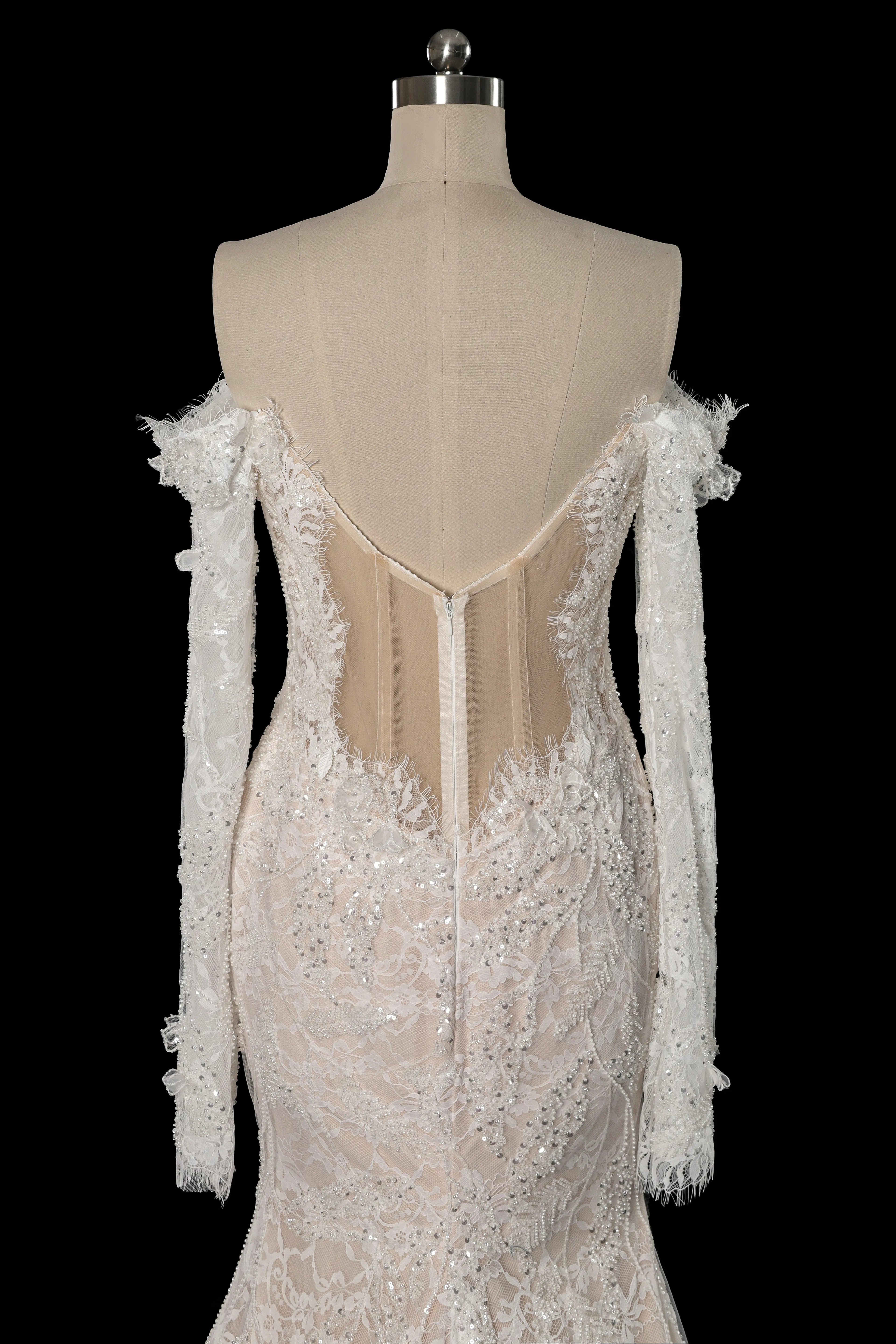 Bohemian Ivory Off-the-Shoulder Sheer Lace Mermaid Wedding Dress with Veil SW176
