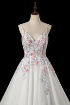 Glamorous White Floral Applique A-Line Tulle Wedding Dress with Train SW704