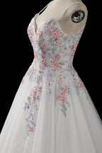Glamorous White Floral Applique A-Line Tulle Wedding Dress with Train SW704