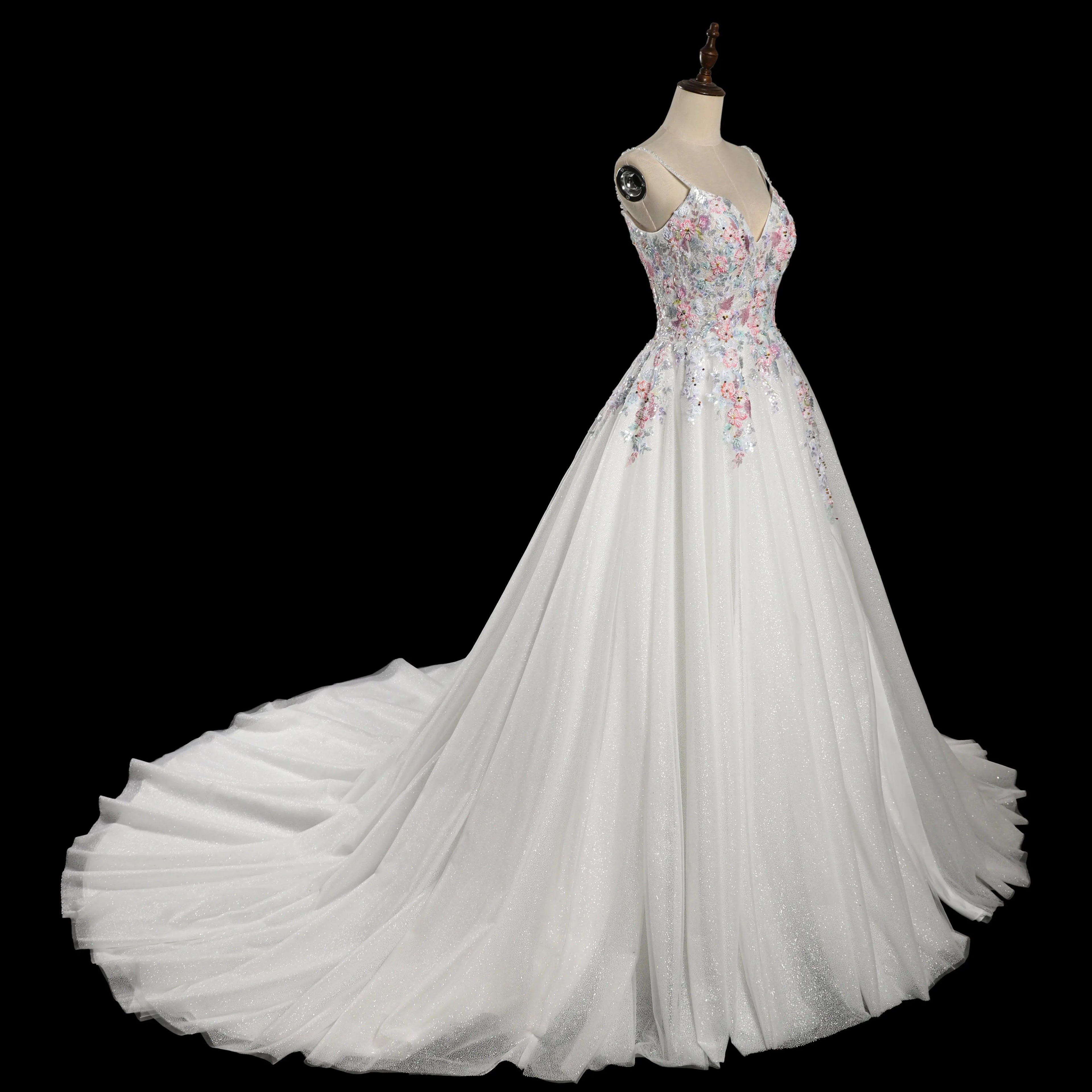 Glamorous White Floral Applique A-Line Tulle Wedding Dress with Train SW704