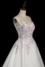 Glamorous White Floral Applique A-Line Tulle Wedding Dress with Train SW704