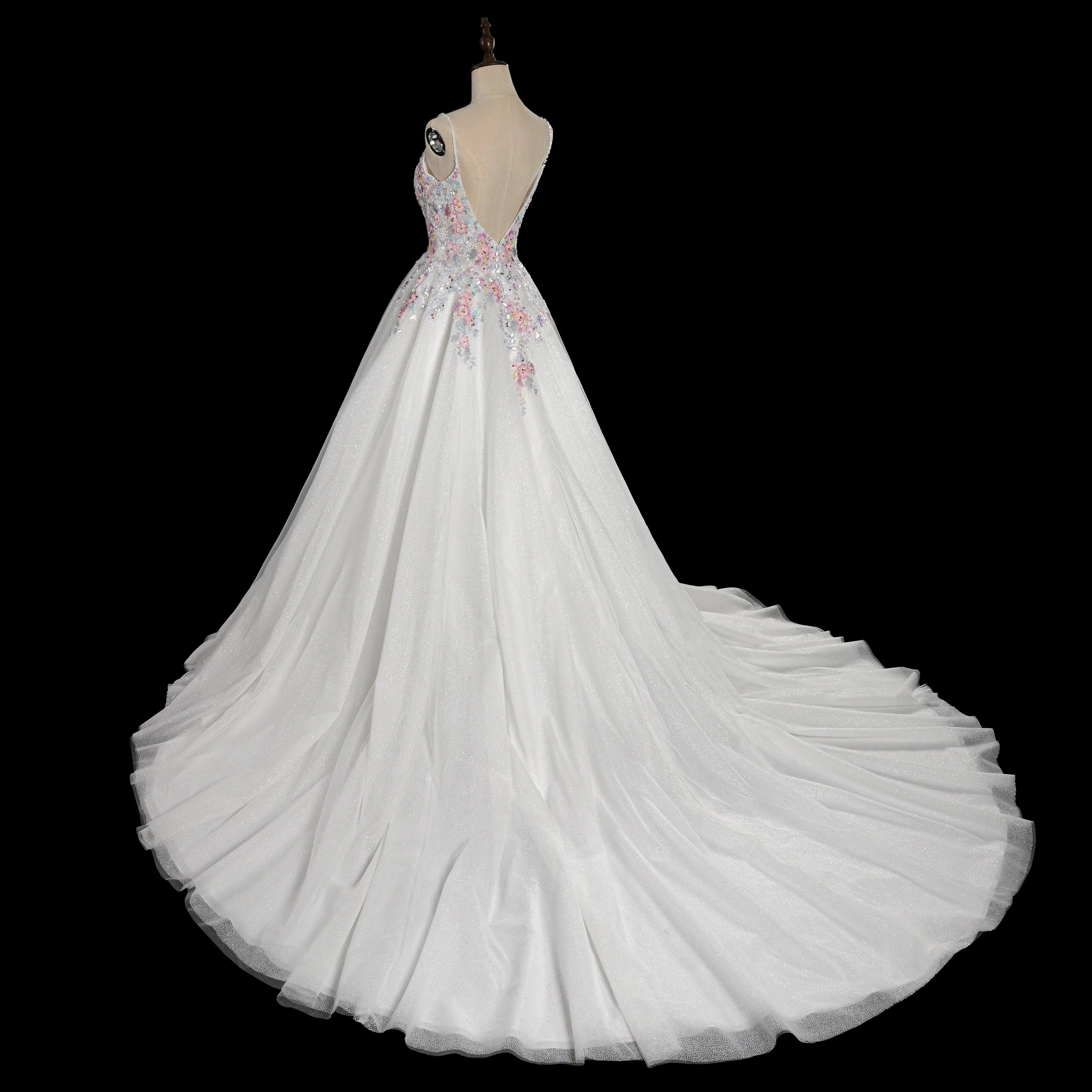 Glamorous White Floral Applique A-Line Tulle Wedding Dress with Train SW704