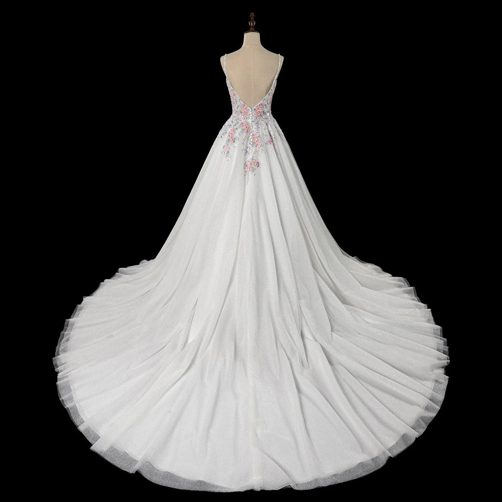 Glamorous White Floral Applique A-Line Tulle Wedding Dress with Train SW704