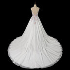 Glamorous White Floral Applique A-Line Tulle Wedding Dress with Train SW704