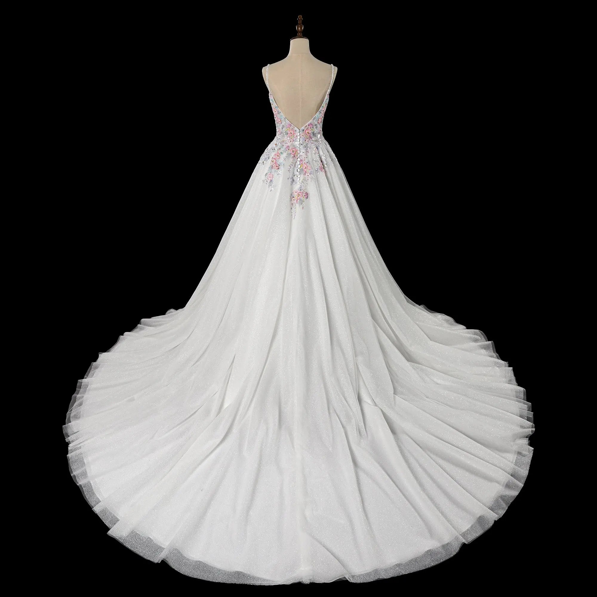 Glamorous White Floral Applique A-Line Tulle Wedding Dress with Train SW704