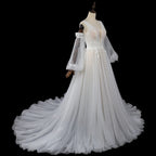 Elegant Ivory V-Neck Detachable Puff Sleeve Lace Tulle Wedding Dress with Train SW708