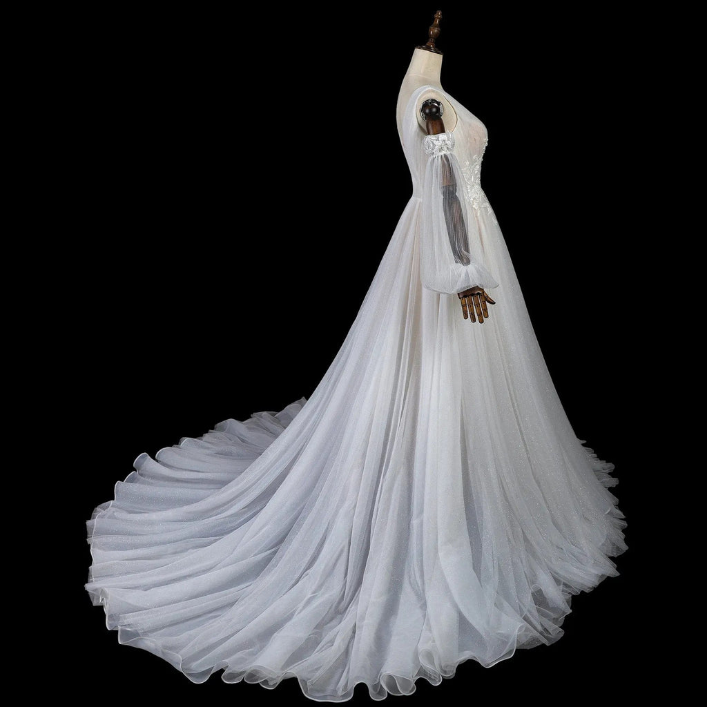 Elegant Ivory V-Neck Detachable Puff Sleeve Lace Tulle Wedding Dress with Train SW708