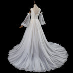 Elegant Ivory V-Neck Detachable Puff Sleeve Lace Tulle Wedding Dress with Train SW708
