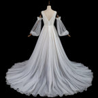 Elegant Ivory V-Neck Detachable Puff Sleeve Lace Tulle Wedding Dress with Train SW708
