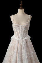 Luxury Ivory Square Neck Corset Lace Tulle A-Line Wedding Dress with Train SW706