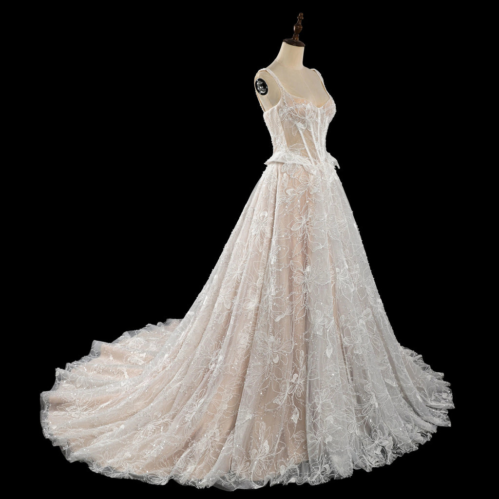Luxury Ivory Square Neck Corset Lace Tulle A-Line Wedding Dress with Train SW706