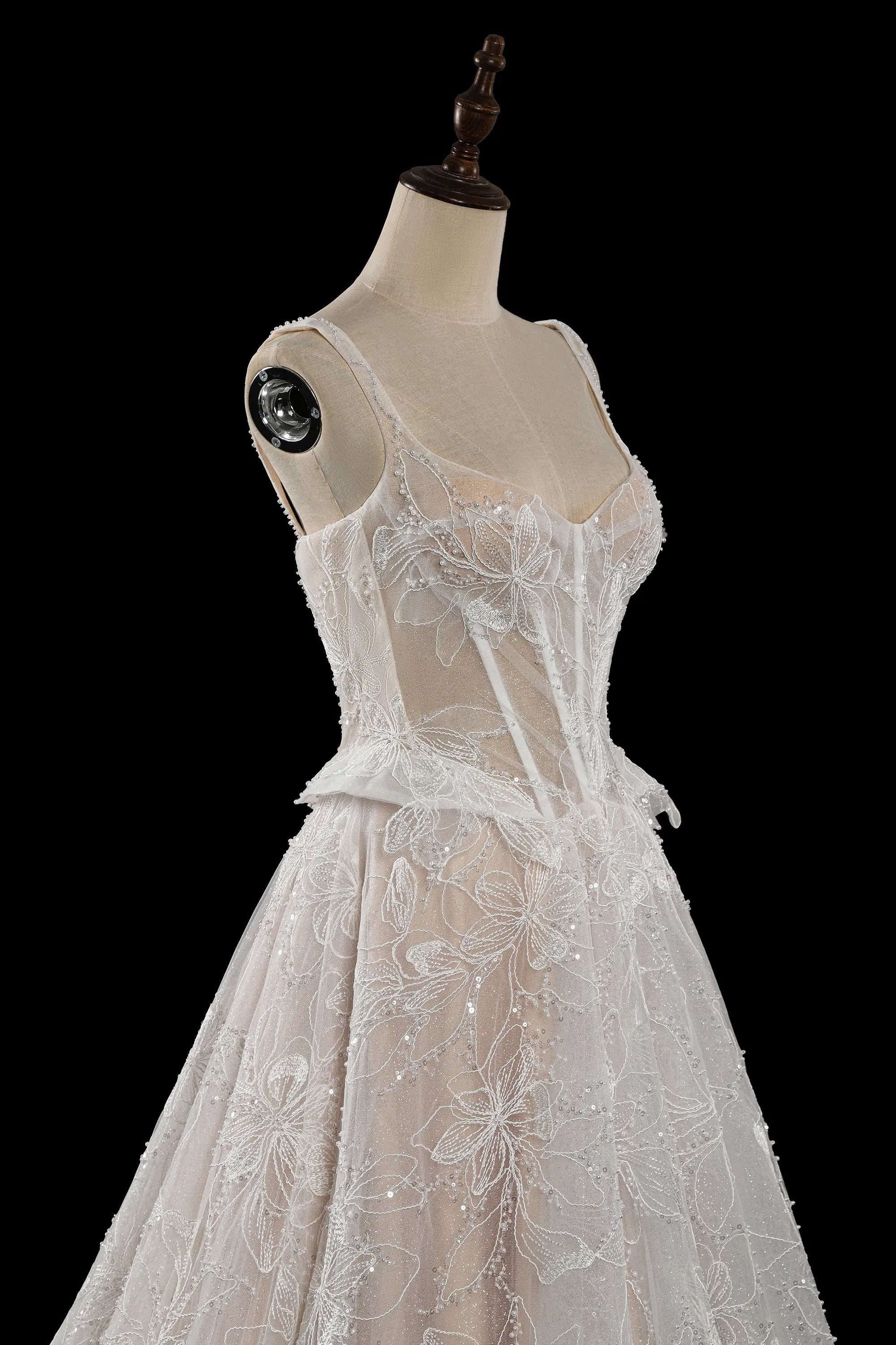 Luxury Ivory Square Neck Corset Lace Tulle A-Line Wedding Dress with Train SW706