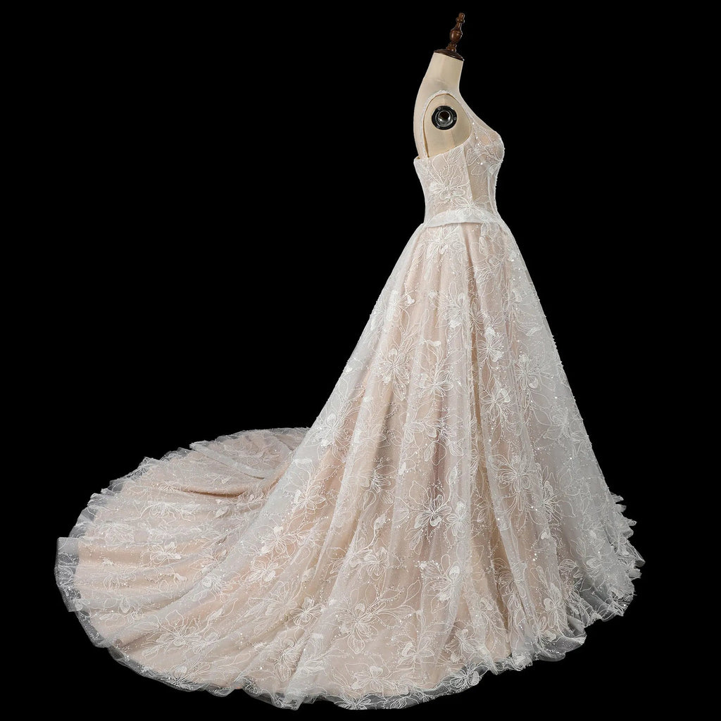 Luxury Ivory Square Neck Corset Lace Tulle A-Line Wedding Dress with Train SW706