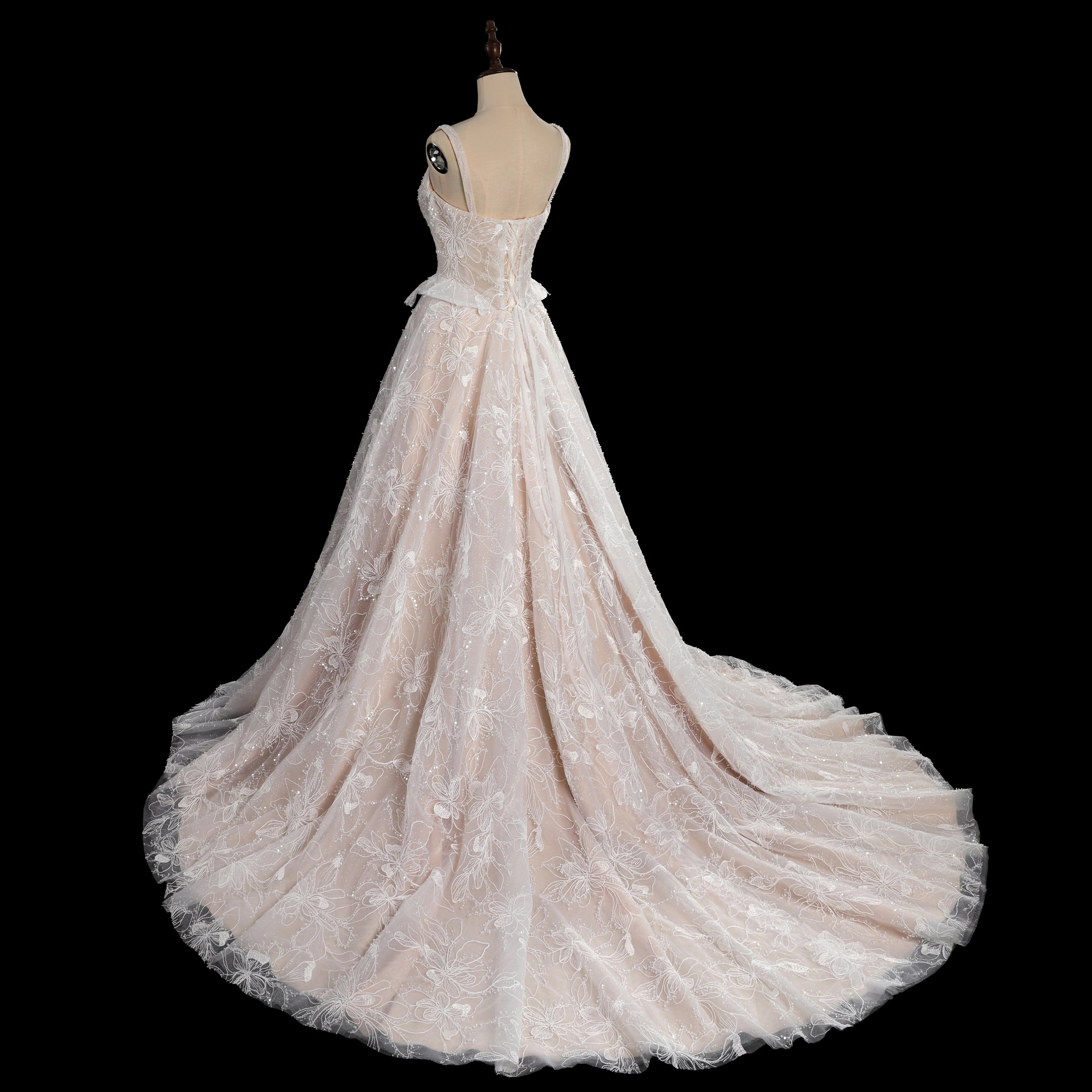 Luxury Ivory Square Neck Corset Lace Tulle A-Line Wedding Dress with Train SW706