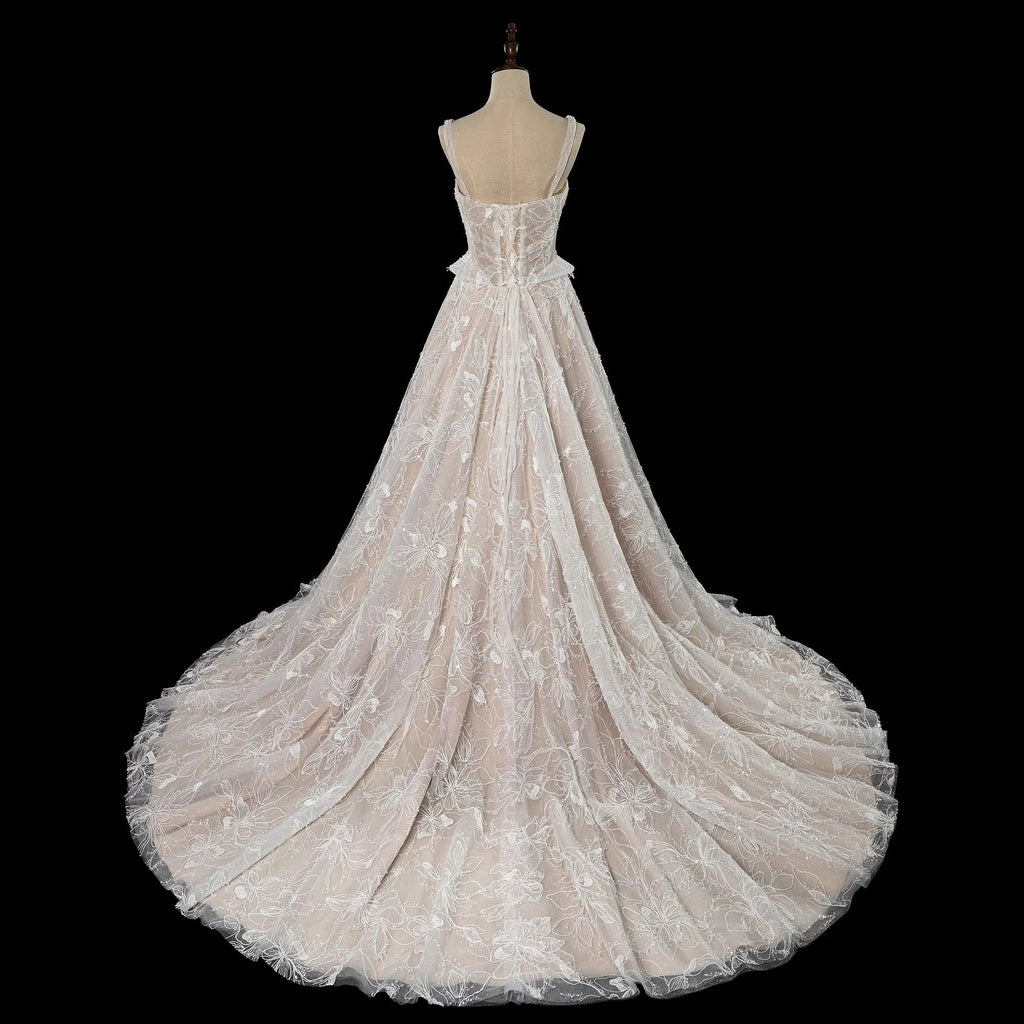 Luxury Ivory Square Neck Corset Lace Tulle A-Line Wedding Dress with Train SW706