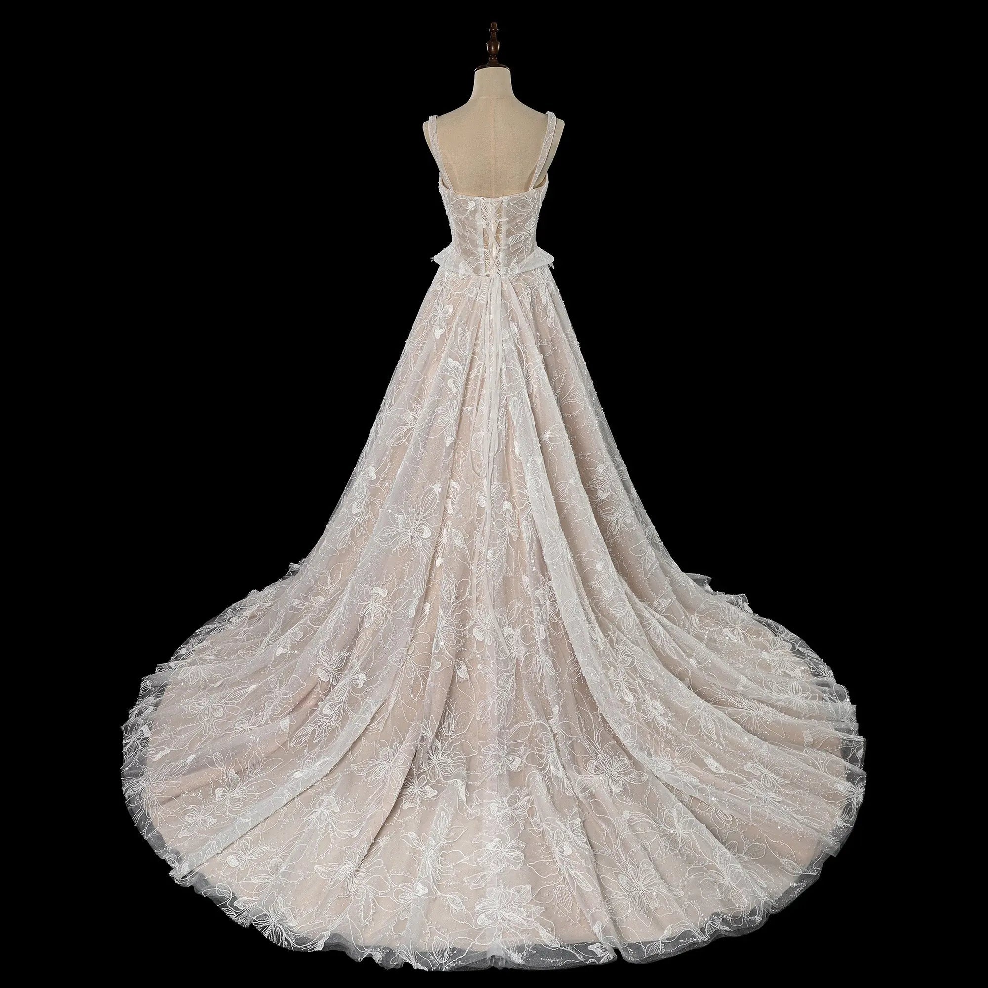 Luxury Ivory Square Neck Corset Lace Tulle A-Line Wedding Dress with Train SW706