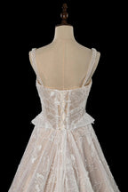 Luxury Ivory Square Neck Corset Lace Tulle A-Line Wedding Dress with Train SW706