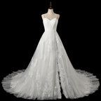 Elegant White Spaghetti Strap Satin Bodice Lace Tulle Wedding Dress with Train SW705