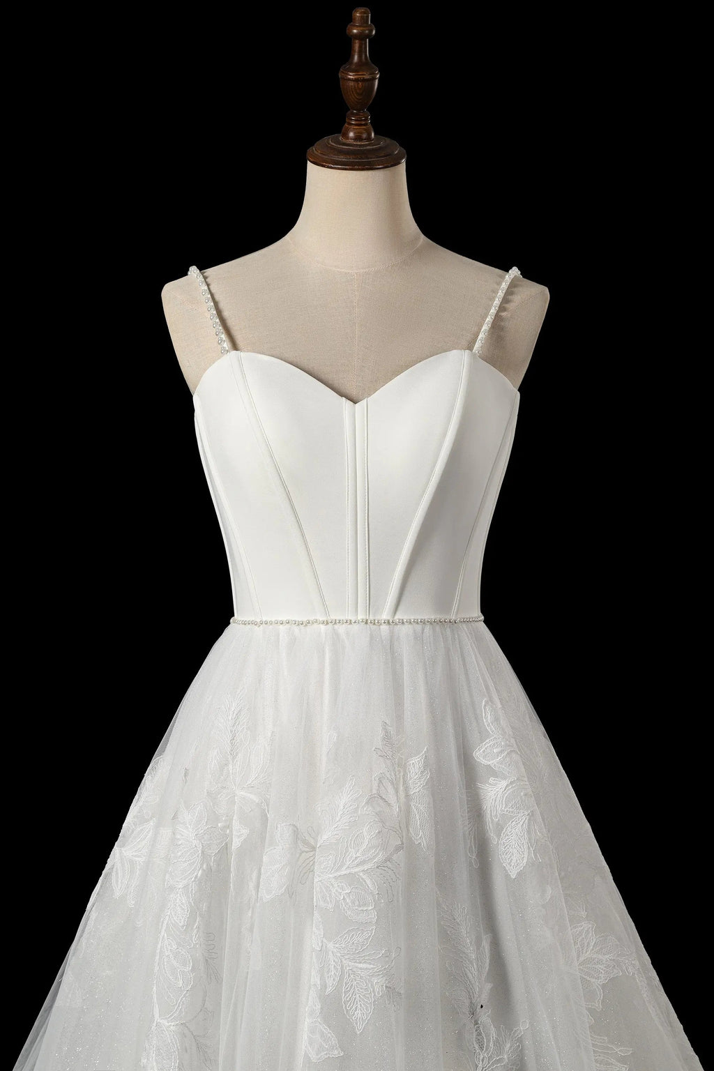 Elegant White Spaghetti Strap Satin Bodice Lace Tulle Wedding Dress with Train SW705