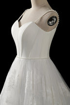 Elegant White Spaghetti Strap Satin Bodice Lace Tulle Wedding Dress with Train SW705