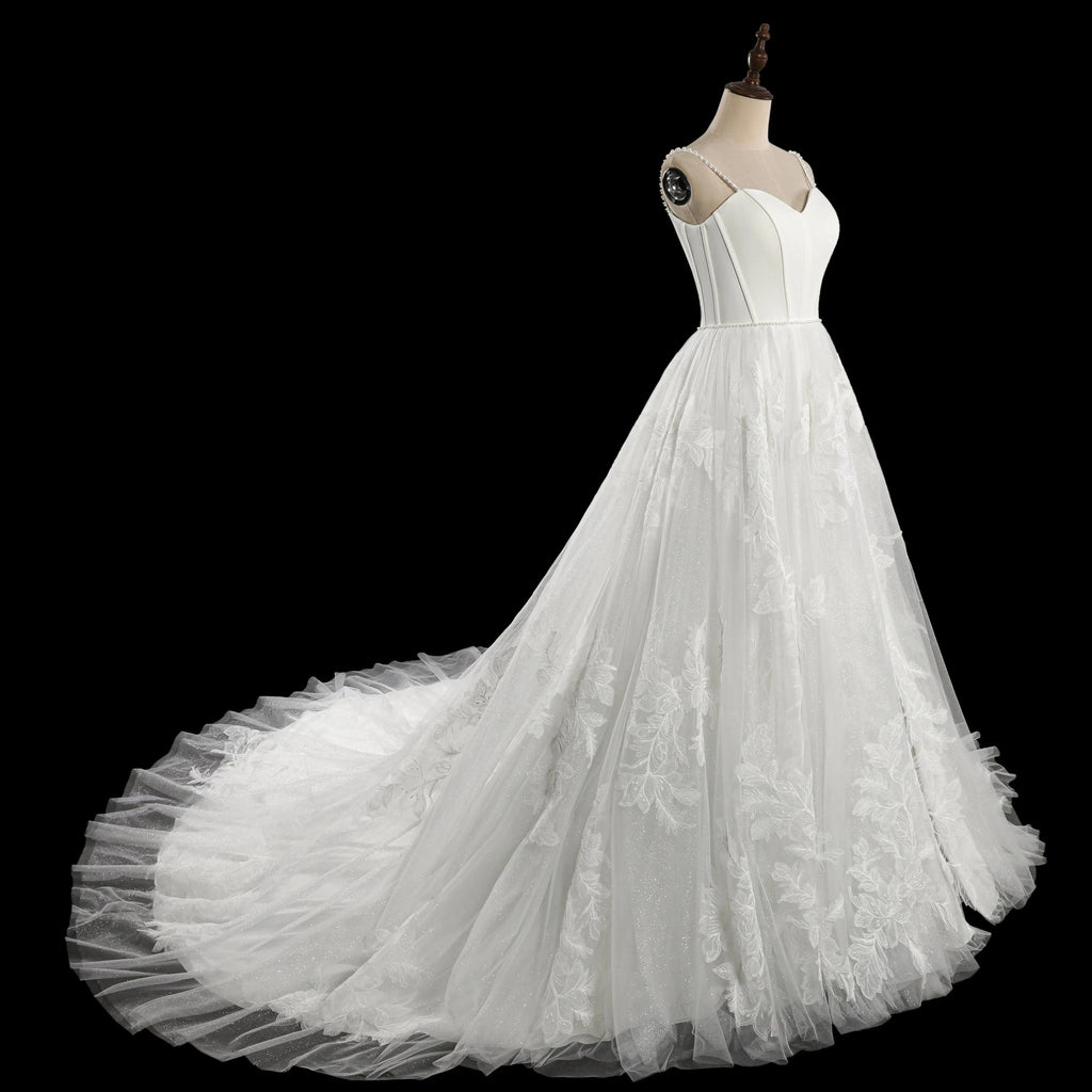 Elegant White Spaghetti Strap Satin Bodice Lace Tulle Wedding Dress with Train SW705