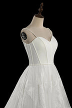 Elegant White Spaghetti Strap Satin Bodice Lace Tulle Wedding Dress with Train SW705