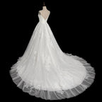 Elegant White Spaghetti Strap Satin Bodice Lace Tulle Wedding Dress with Train SW705