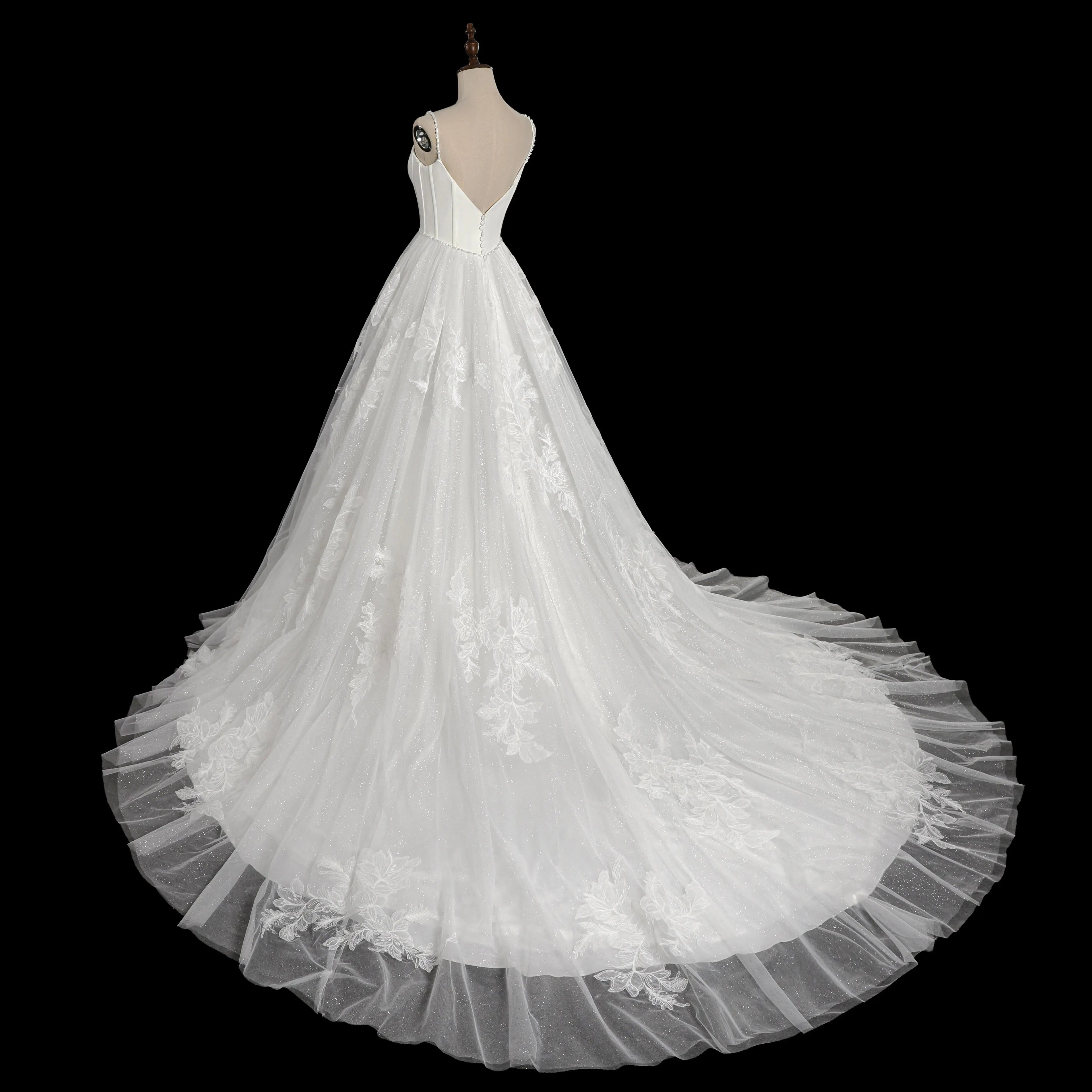 Elegant White Spaghetti Strap Satin Bodice Lace Tulle Wedding Dress with Train SW705