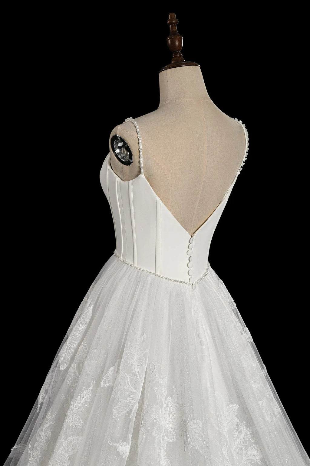 Elegant White Spaghetti Strap Satin Bodice Lace Tulle Wedding Dress with Train SW705