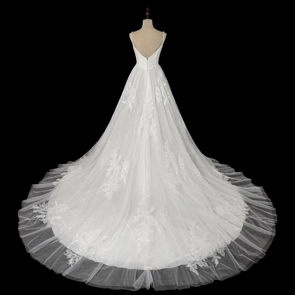 Elegant White Spaghetti Strap Satin Bodice Lace Tulle Wedding Dress with Train SW705