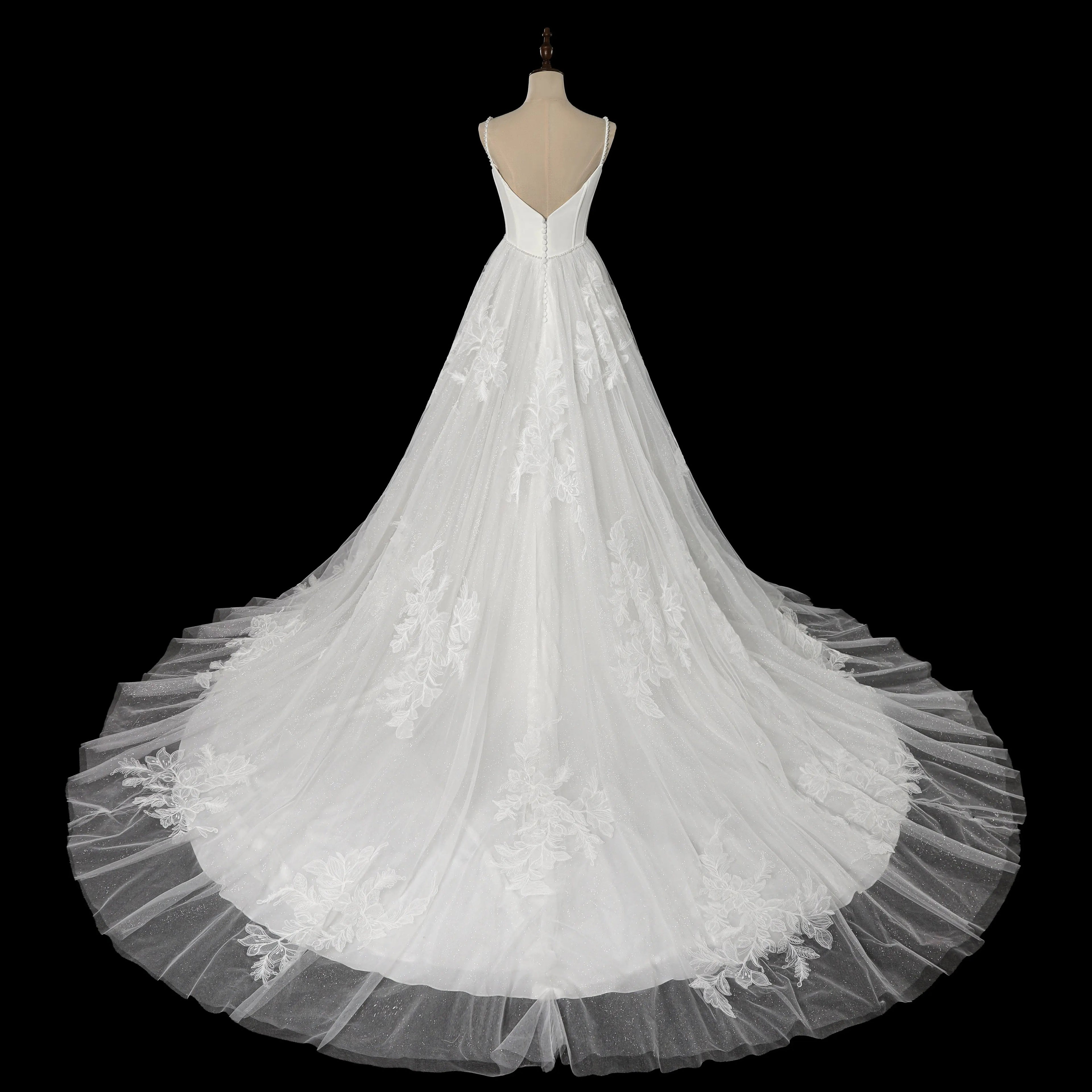 Elegant White Spaghetti Strap Satin Bodice Lace Tulle Wedding Dress with Train SW705