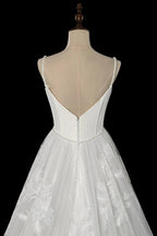 Elegant White Spaghetti Strap Satin Bodice Lace Tulle Wedding Dress with Train SW705