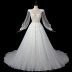 Elegant White V-Neck Long Sleeve Lace-Up Back A-Line Wedding Dress SW716