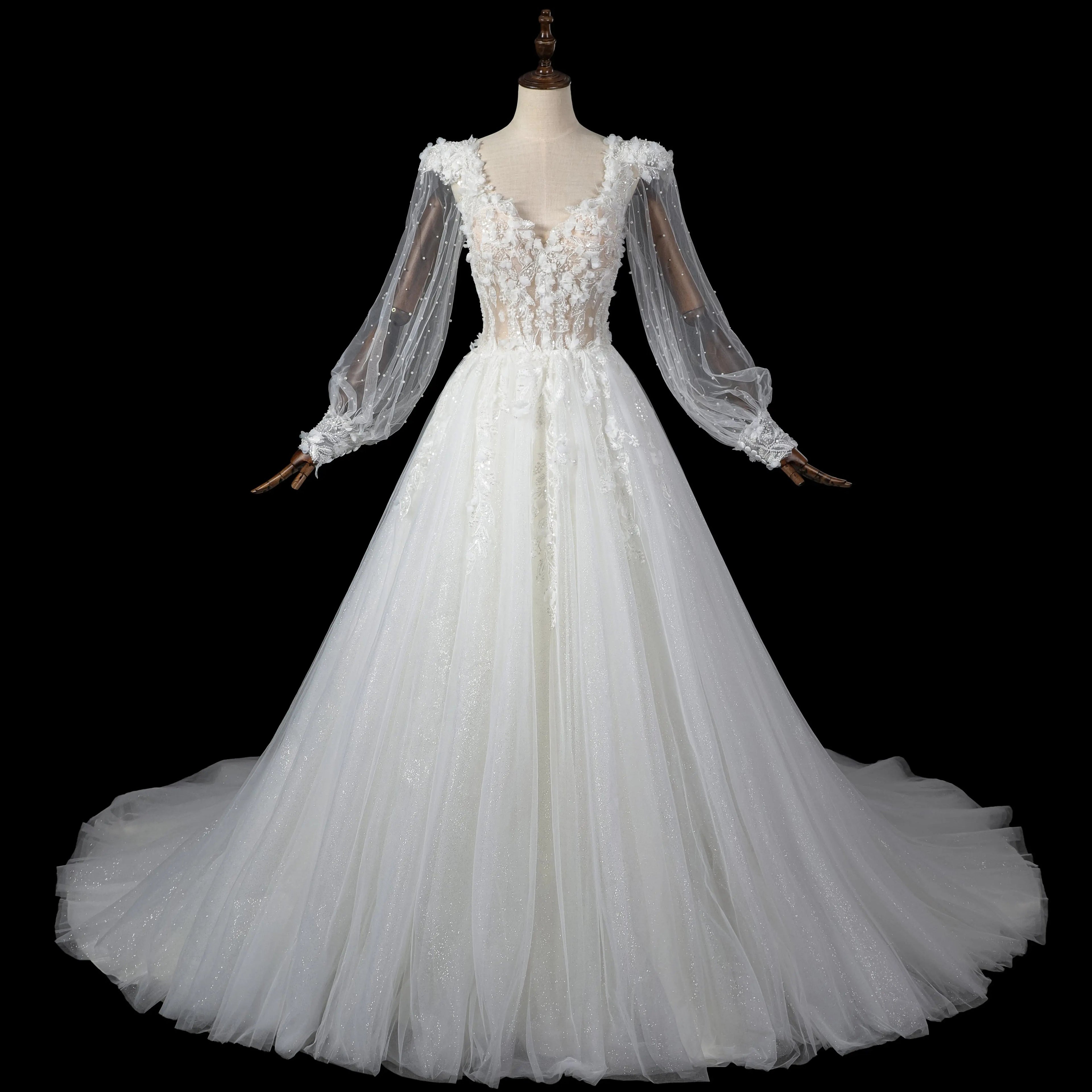 Elegant White V-Neck Long Sleeve Lace-Up Back A-Line Wedding Dress SW716