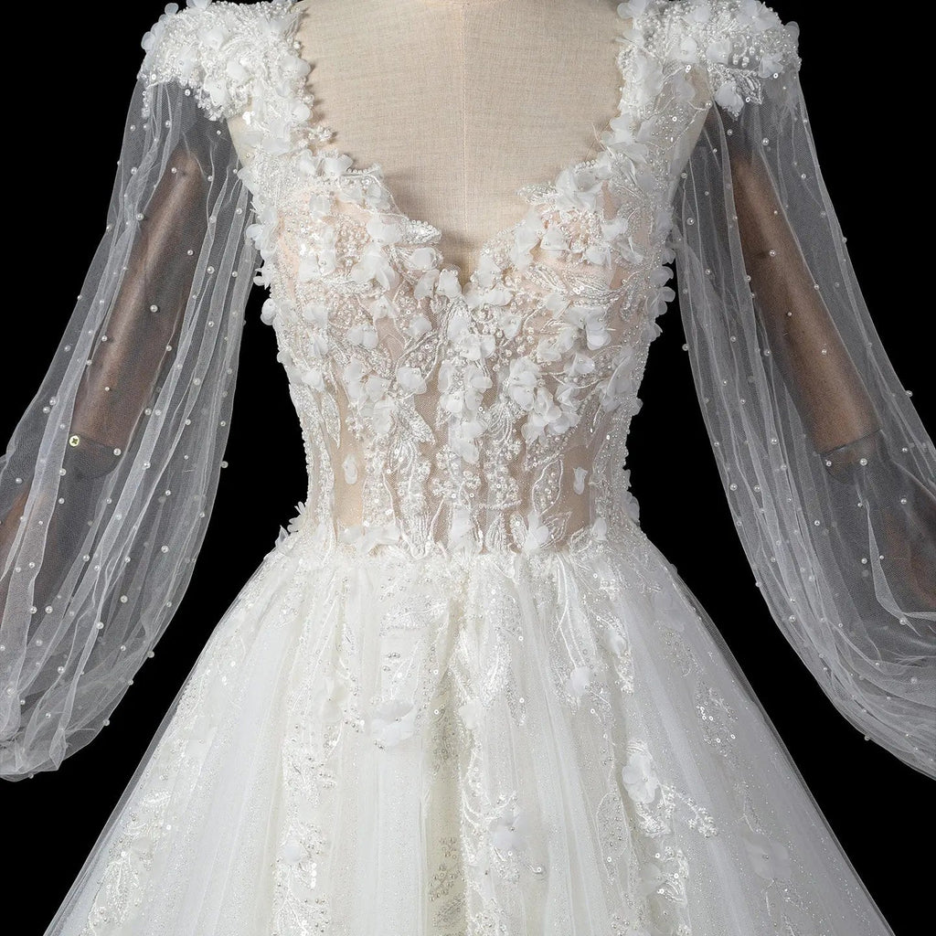 Elegant White V-Neck Long Sleeve Lace-Up Back A-Line Wedding Dress SW716