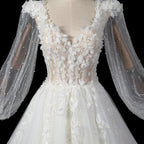 Elegant White V-Neck Long Sleeve Lace-Up Back A-Line Wedding Dress SW716