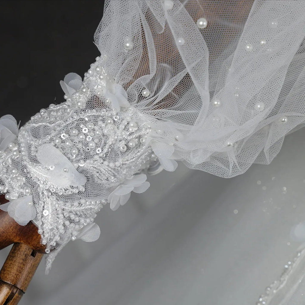 Elegant White V-Neck Long Sleeve Lace-Up Back A-Line Wedding Dress SW716