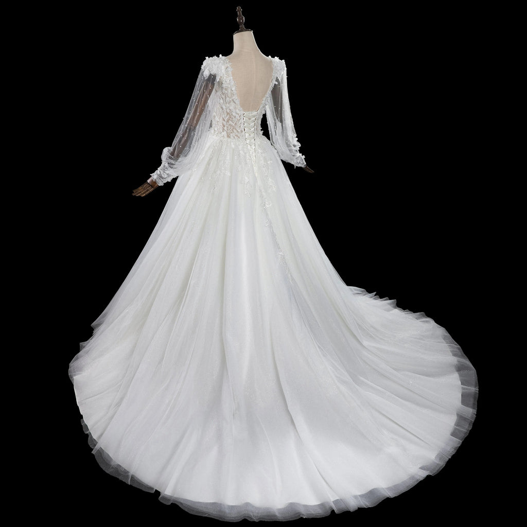 Elegant White V-Neck Long Sleeve Lace-Up Back A-Line Wedding Dress SW716