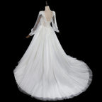 Elegant White V-Neck Long Sleeve Lace-Up Back A-Line Wedding Dress SW716