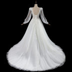 Elegant White V-Neck Long Sleeve Lace-Up Back A-Line Wedding Dress SW716