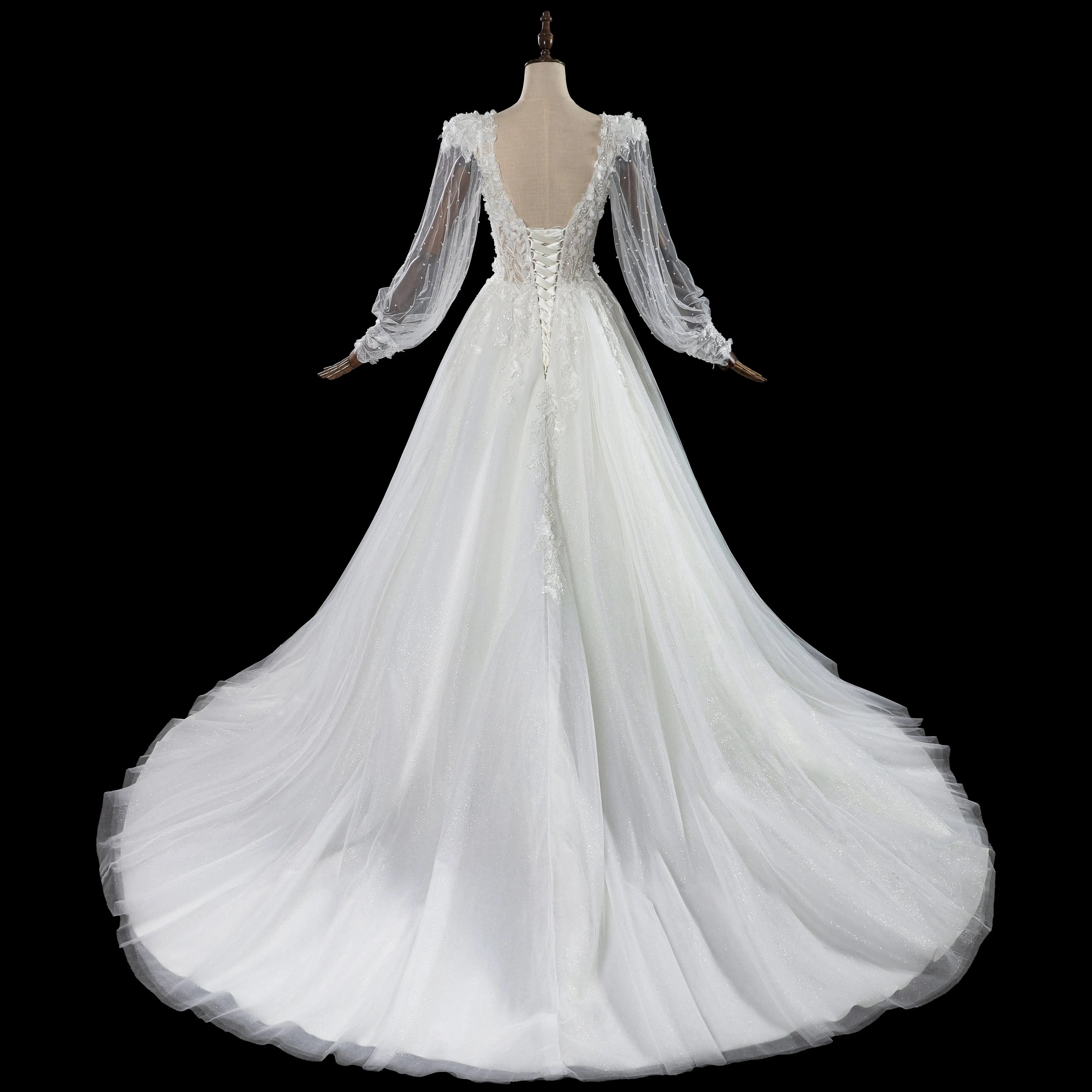Elegant White V-Neck Long Sleeve Lace-Up Back A-Line Wedding Dress SW716