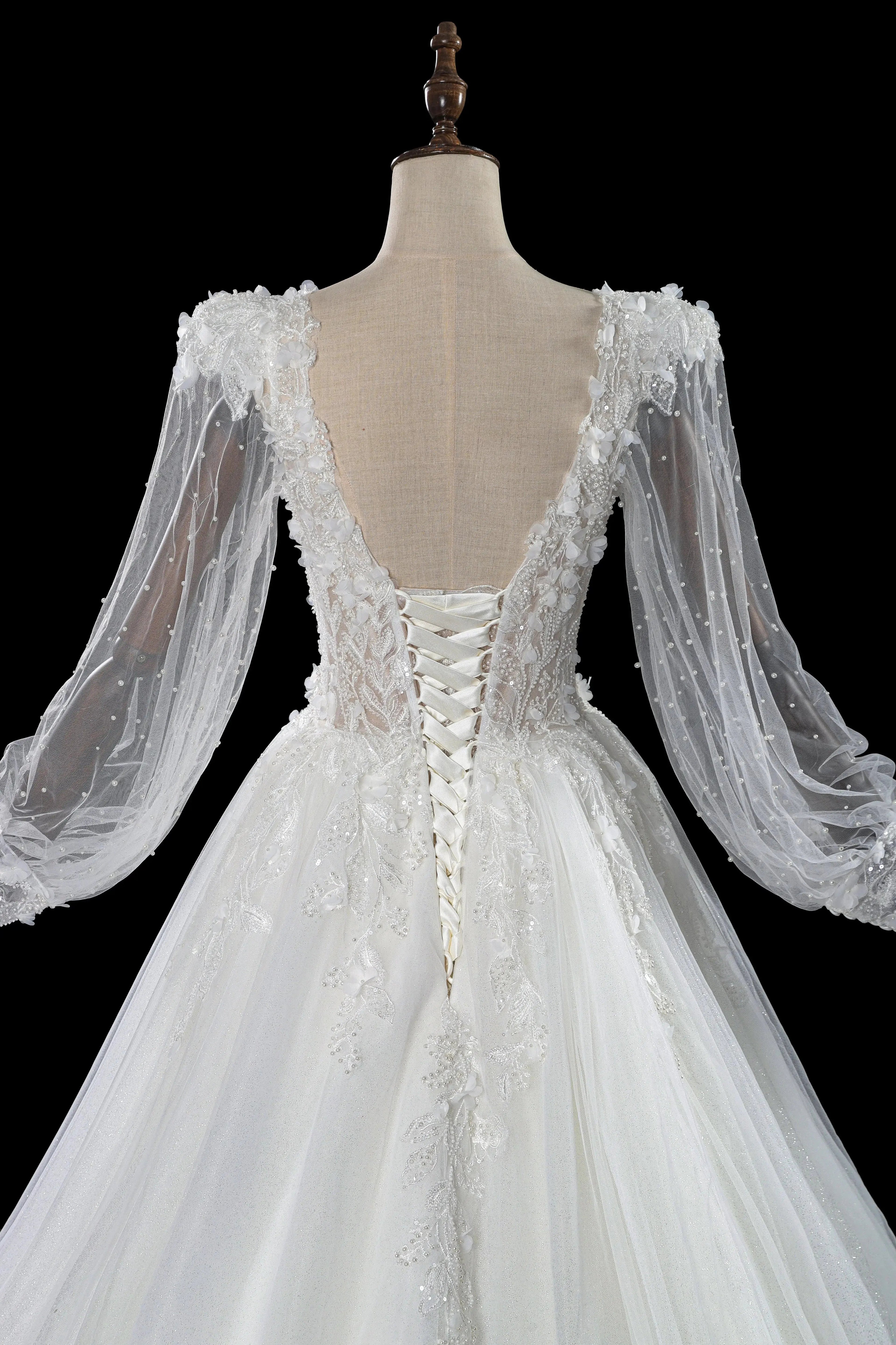 Elegant White V-Neck Long Sleeve Lace-Up Back A-Line Wedding Dress SW716