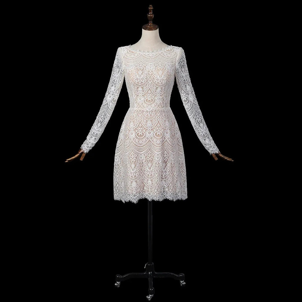 Glamorous White Long Sleeve Lace Wedding Dress with Removable Chiffon Overlay SW714